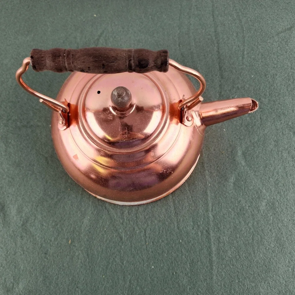 Vintage Copper Tea Kettle‎ Wood Handle Hong Kong Rustic Country Decor
